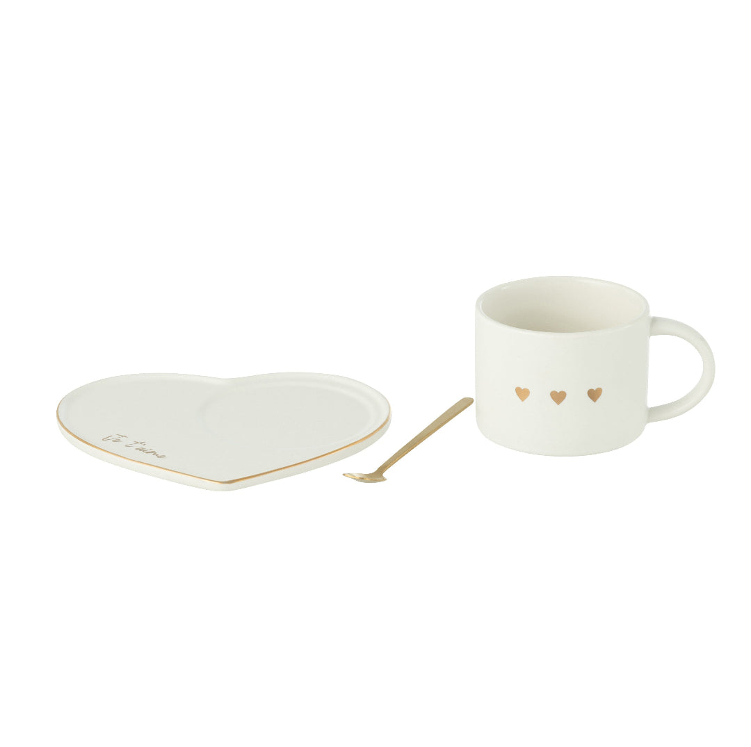 Tasse + Sous-Tasse + Cuillère 3coeur Céramique Blanc/Or