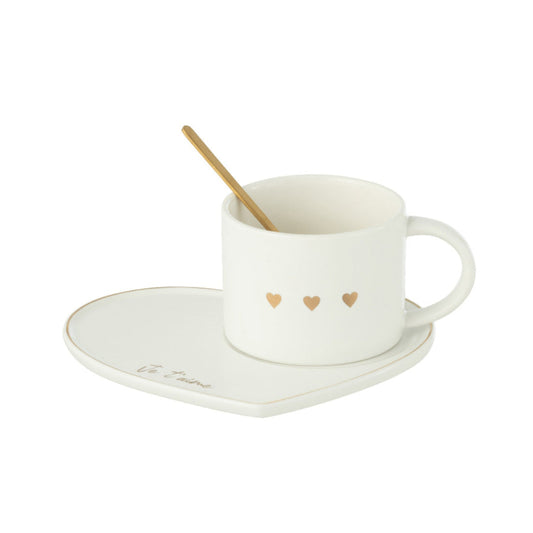 Tasse + Sous-Tasse + Cuillère 3coeur Céramique Blanc/Or
