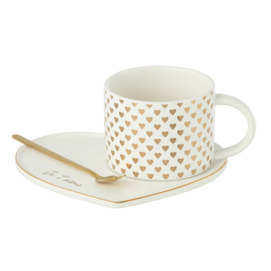 Tasse + Sous-Tasse + Cuillère Coeur Céramique Blanc/Or