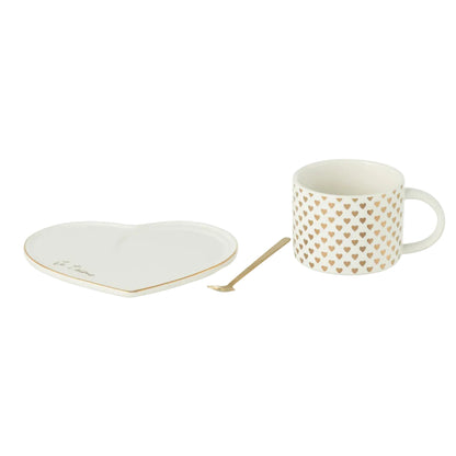 Tasse + Sous-Tasse + Cuillère Coeur Céramique Blanc/Or