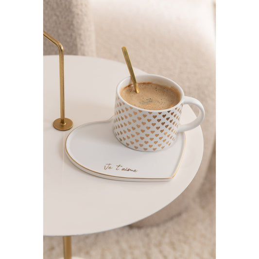 Tasse + Sous-Tasse + Cuillère Coeur Céramique Blanc/Or
