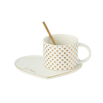 Tasse + Sous-Tasse + Cuillère Coeur Céramique Blanc/Or