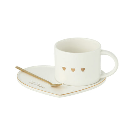 Tasse + Sous-Tasse + Cuillère 3coeur Céramique Blanc/Or