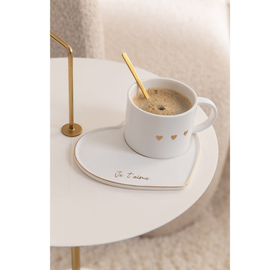 Tasse + Sous-Tasse + Cuillère 3coeur Céramique Blanc/Or